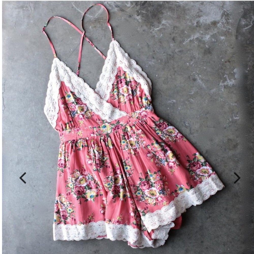 Shop Hearts coral floral crochet romper